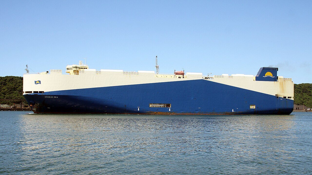 The roll-on/roll-off vehicle carrier Arabian Sea under way in Durban harbour