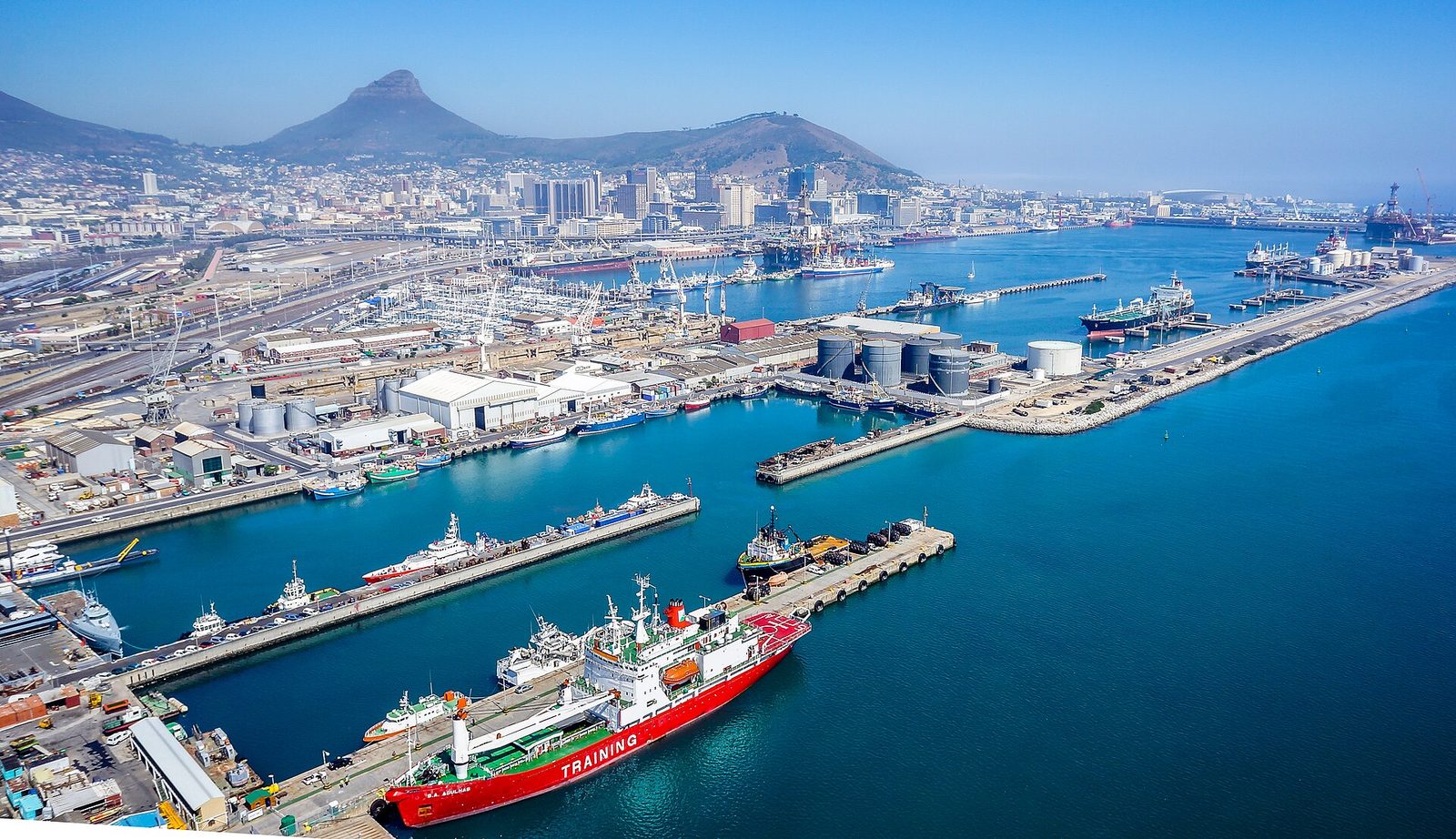 The container quays of the Port of Cape Town beneath Table Mountain