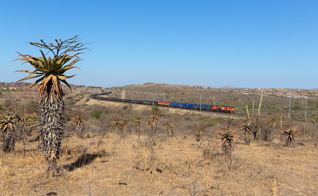 Transnet Freight Rail electric locomotives hauling a bulk train