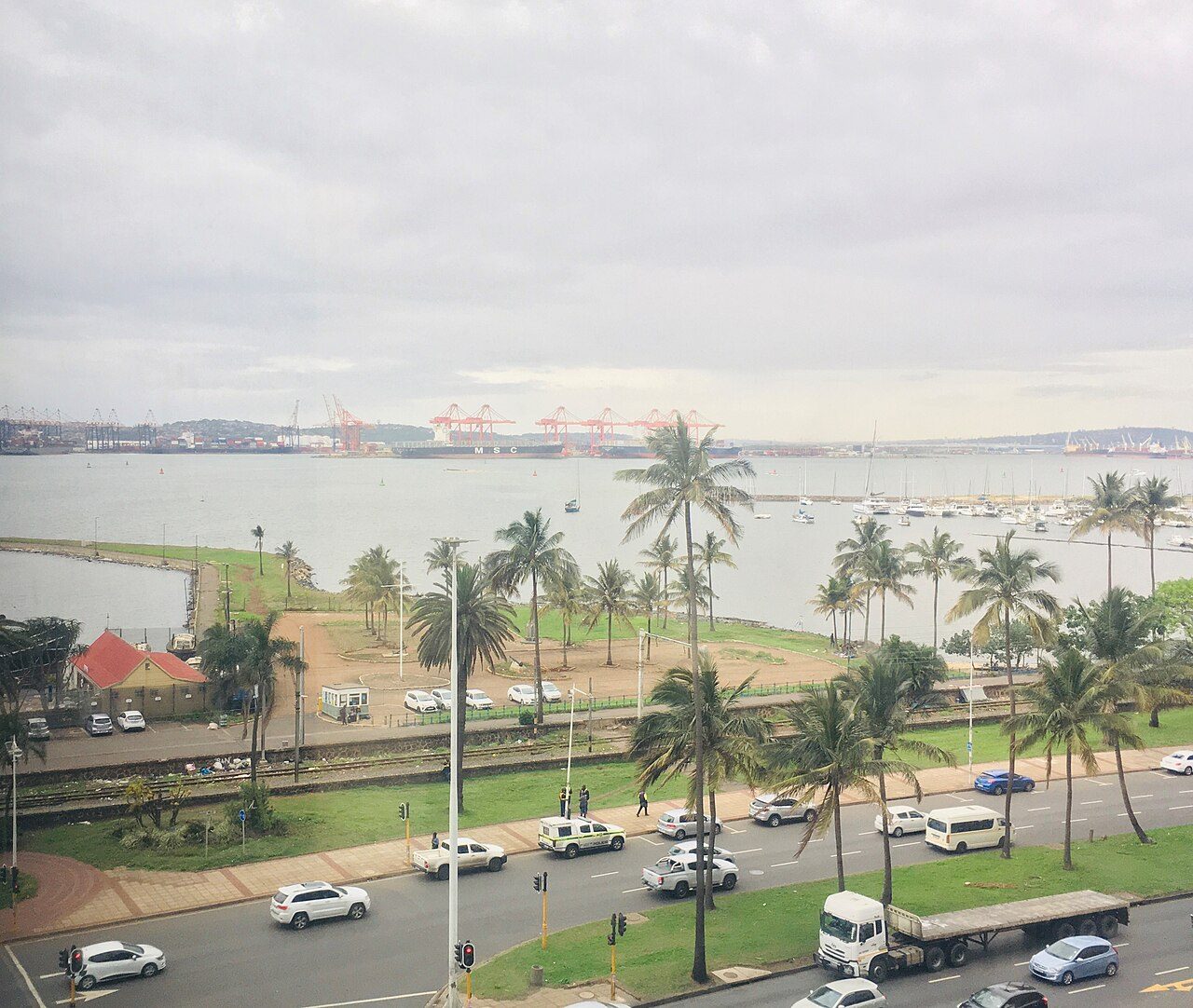 Ship cranes and vessels at Durban Harbour, the Port of Durban in KwaZulu-Natal, South Africa